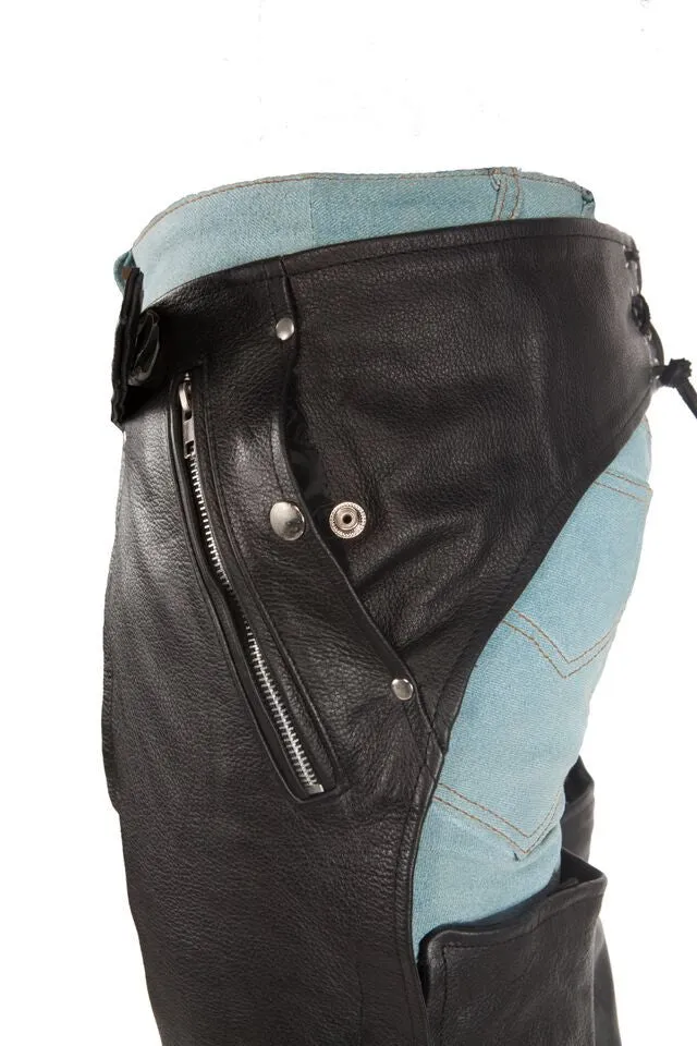 3 Pocket Naked Leather Cowhide Motorcycle Chaps with Zipper Pocket