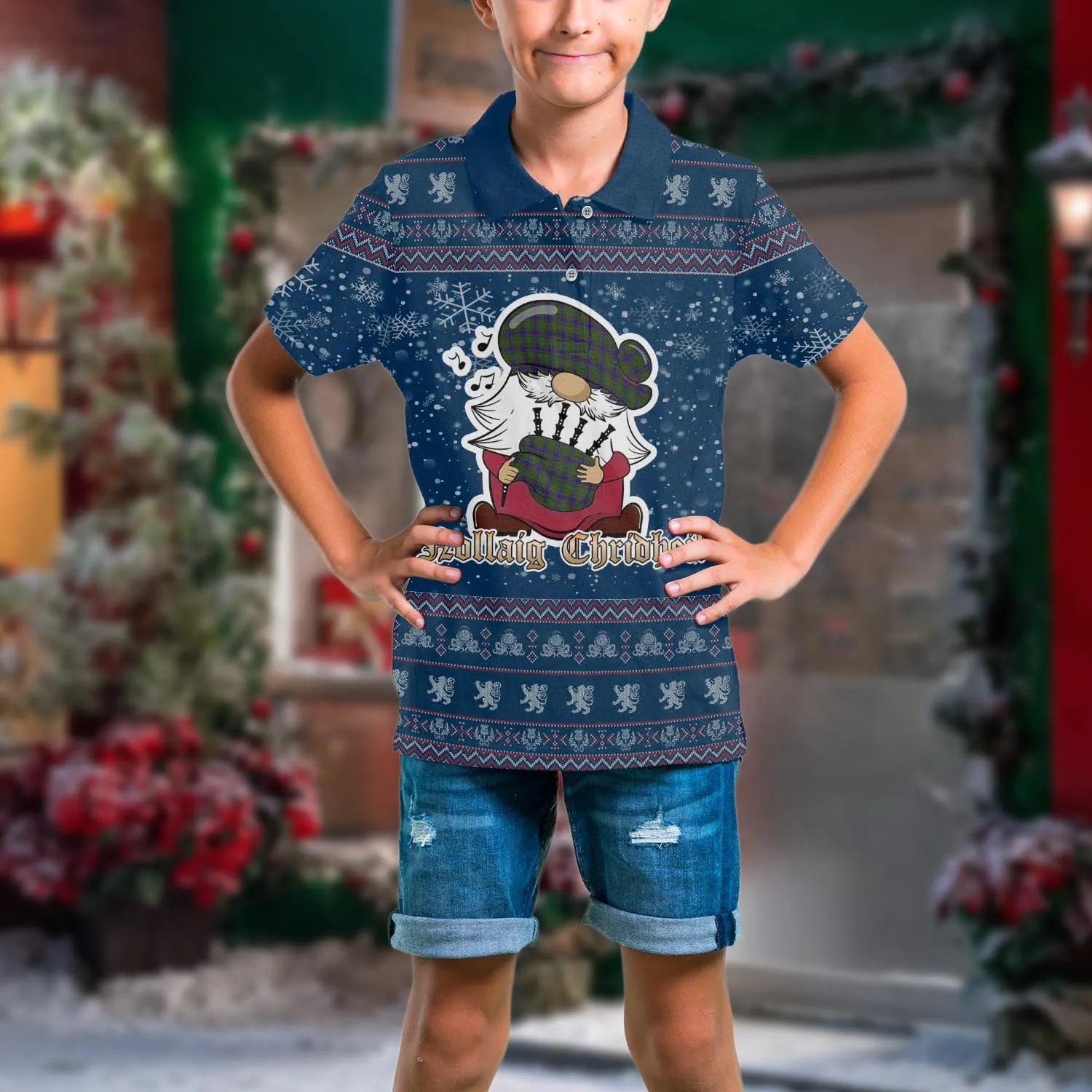 Adam Clan Christmas Family Polo Shirt with Funny Gnome Playing Bagpipes