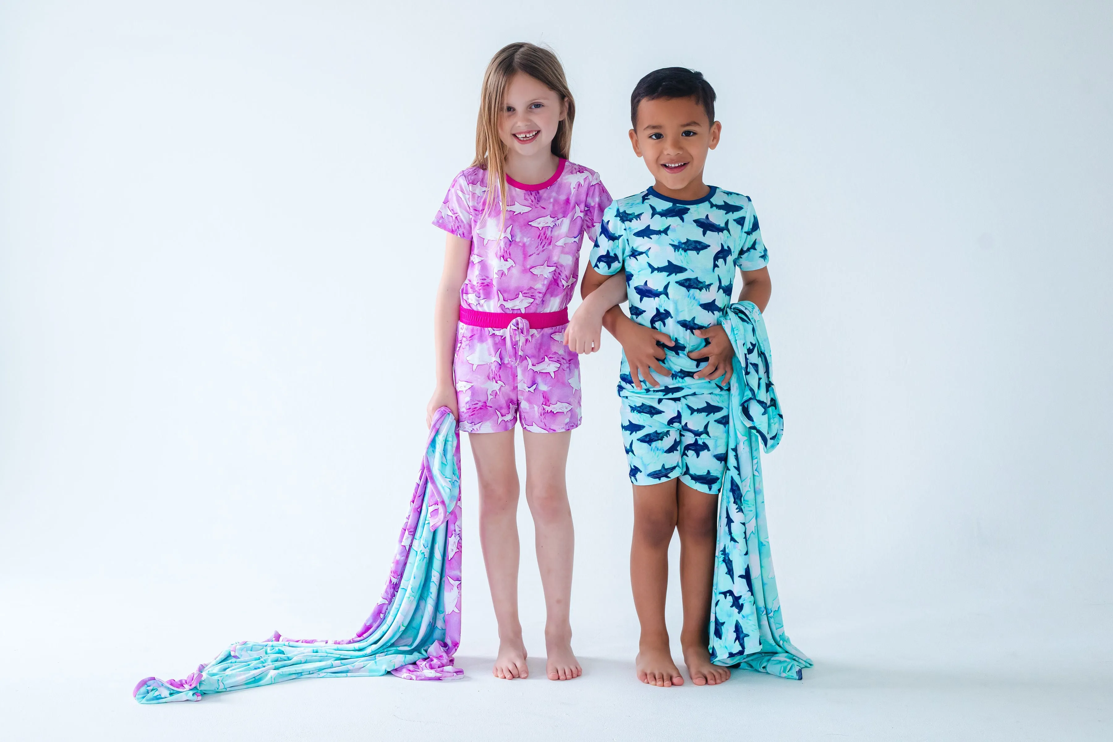 Birdie Bean Bondi Pink Sharks 2-piece Short Sleeve Kids Pajamas with Shorts