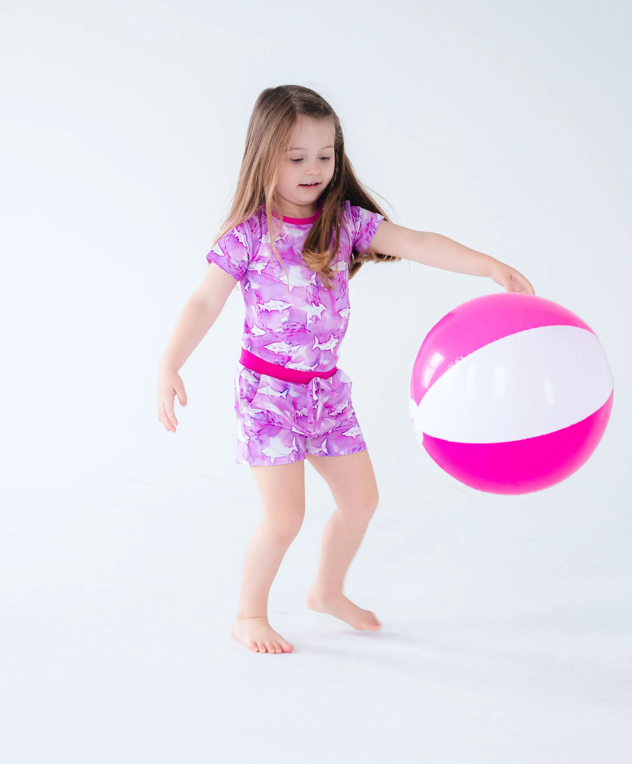 Birdie Bean Bondi Pink Sharks 2-piece Short Sleeve Kids Pajamas with Shorts