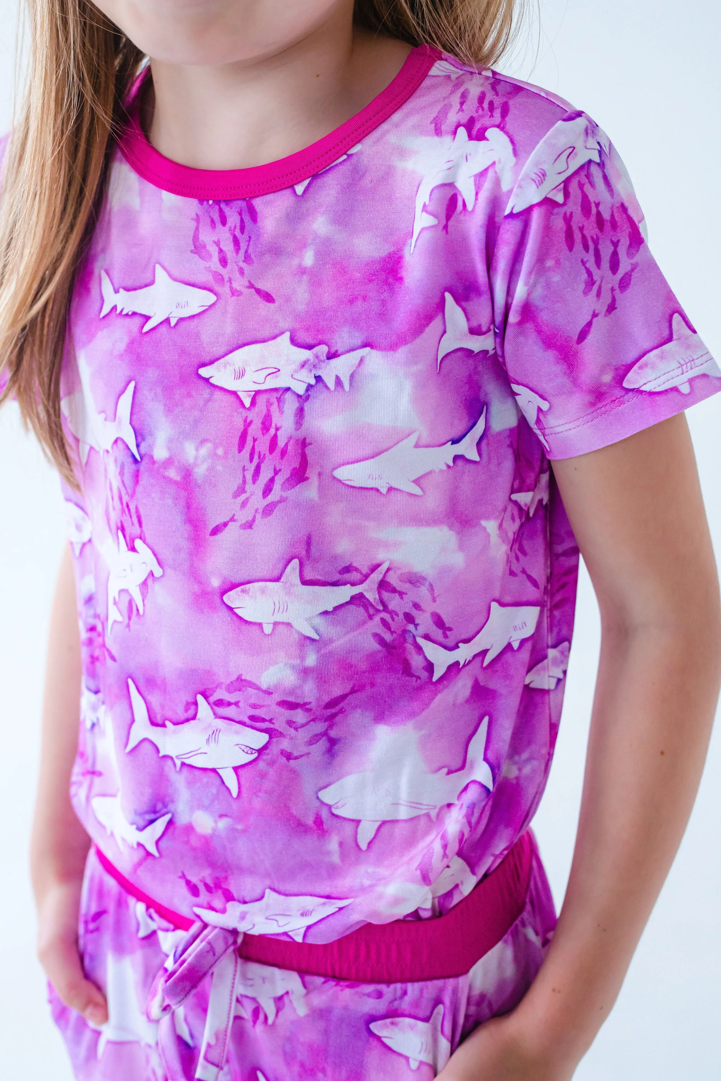 Birdie Bean Bondi Pink Sharks 2-piece Short Sleeve Kids Pajamas with Shorts