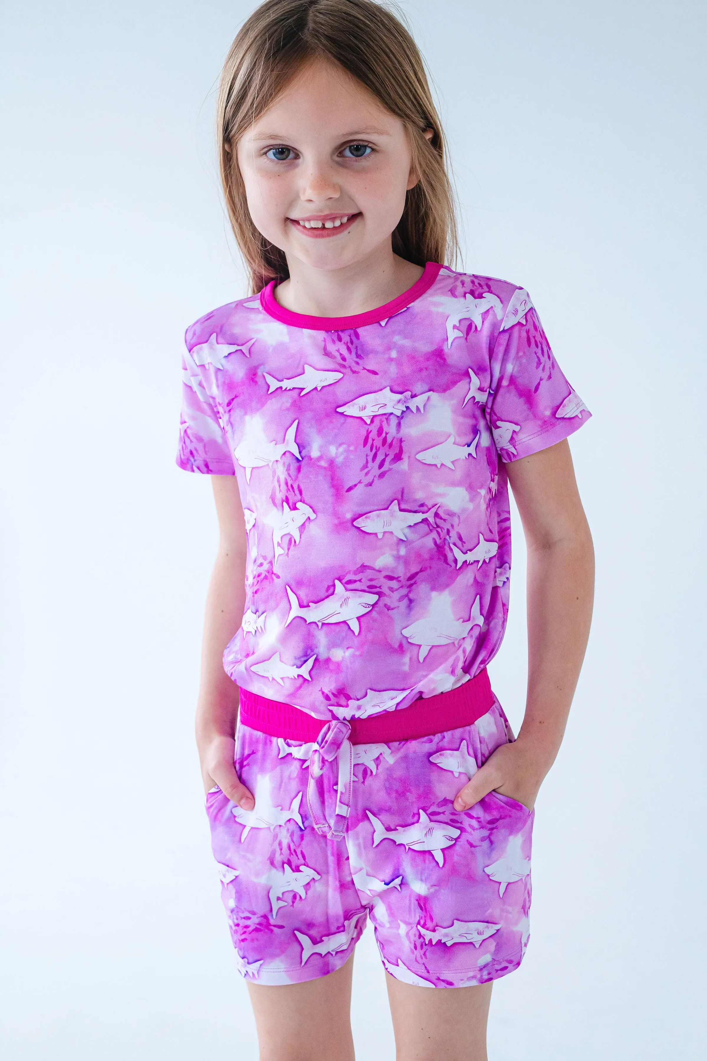 Birdie Bean Bondi Pink Sharks 2-piece Short Sleeve Kids Pajamas with Shorts