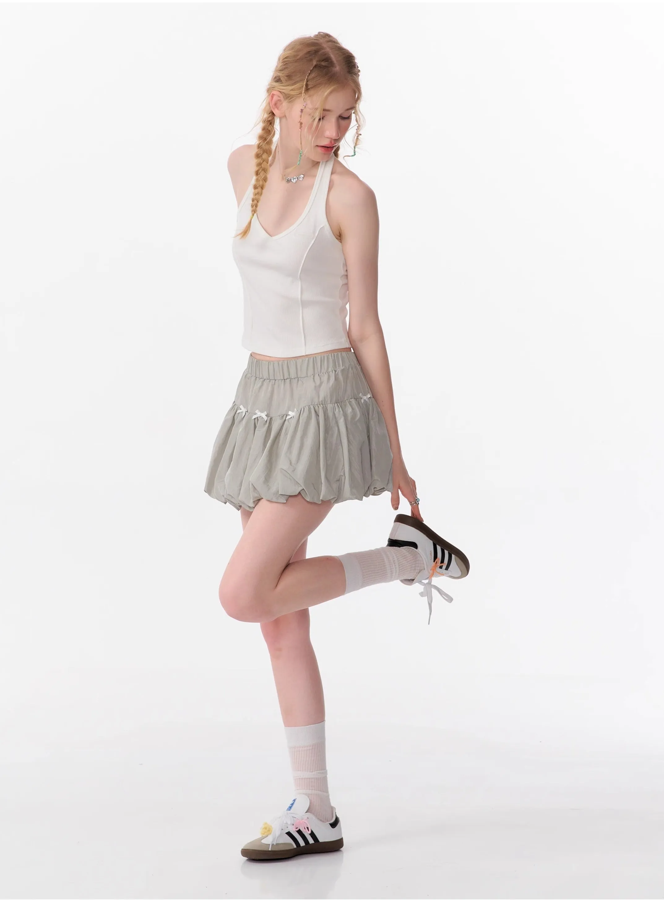 Bow Elastic Waist Gray A-line Half-length Skirt ZIZ0090
