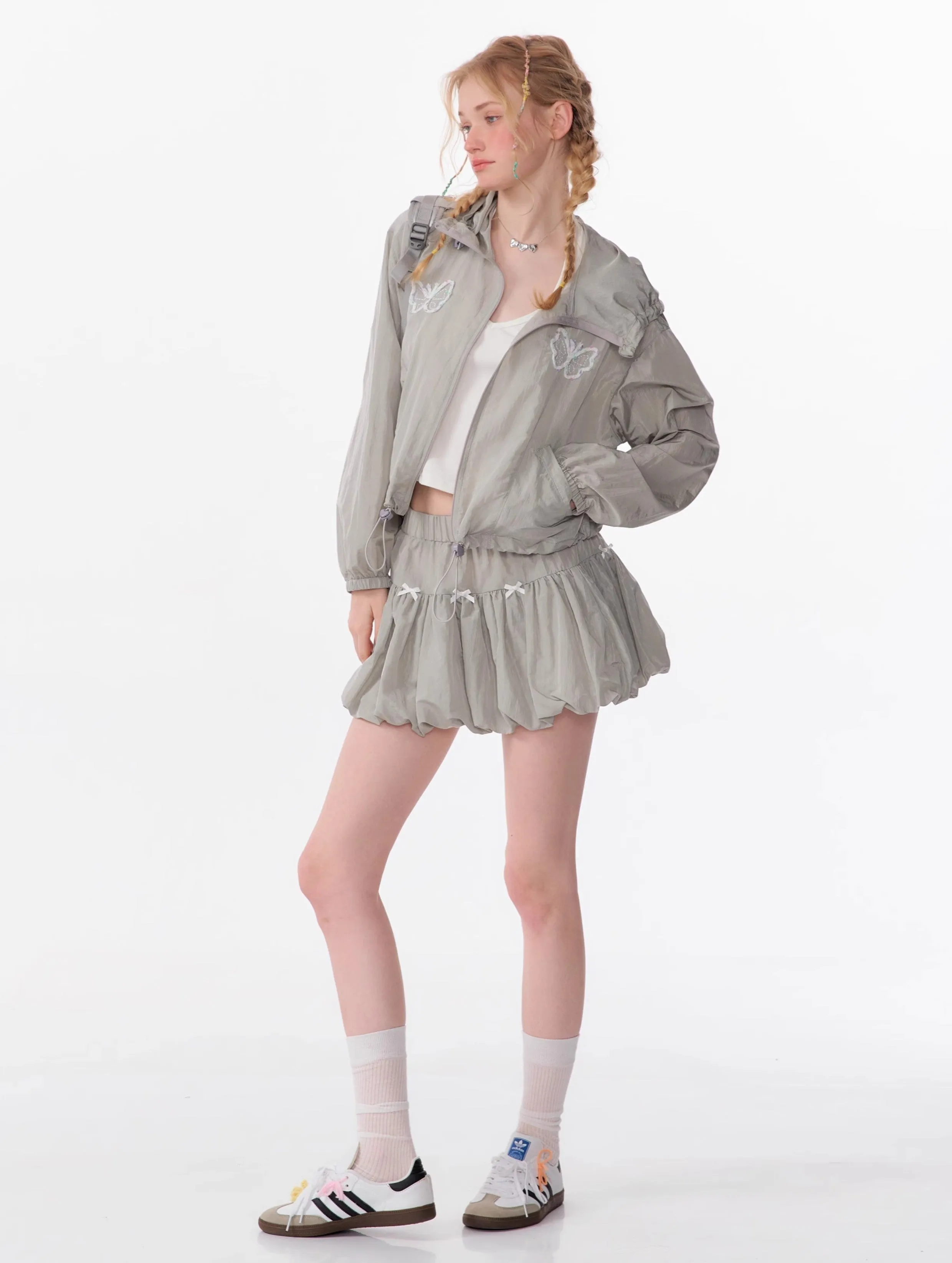 Bow Elastic Waist Gray A-line Half-length Skirt ZIZ0090