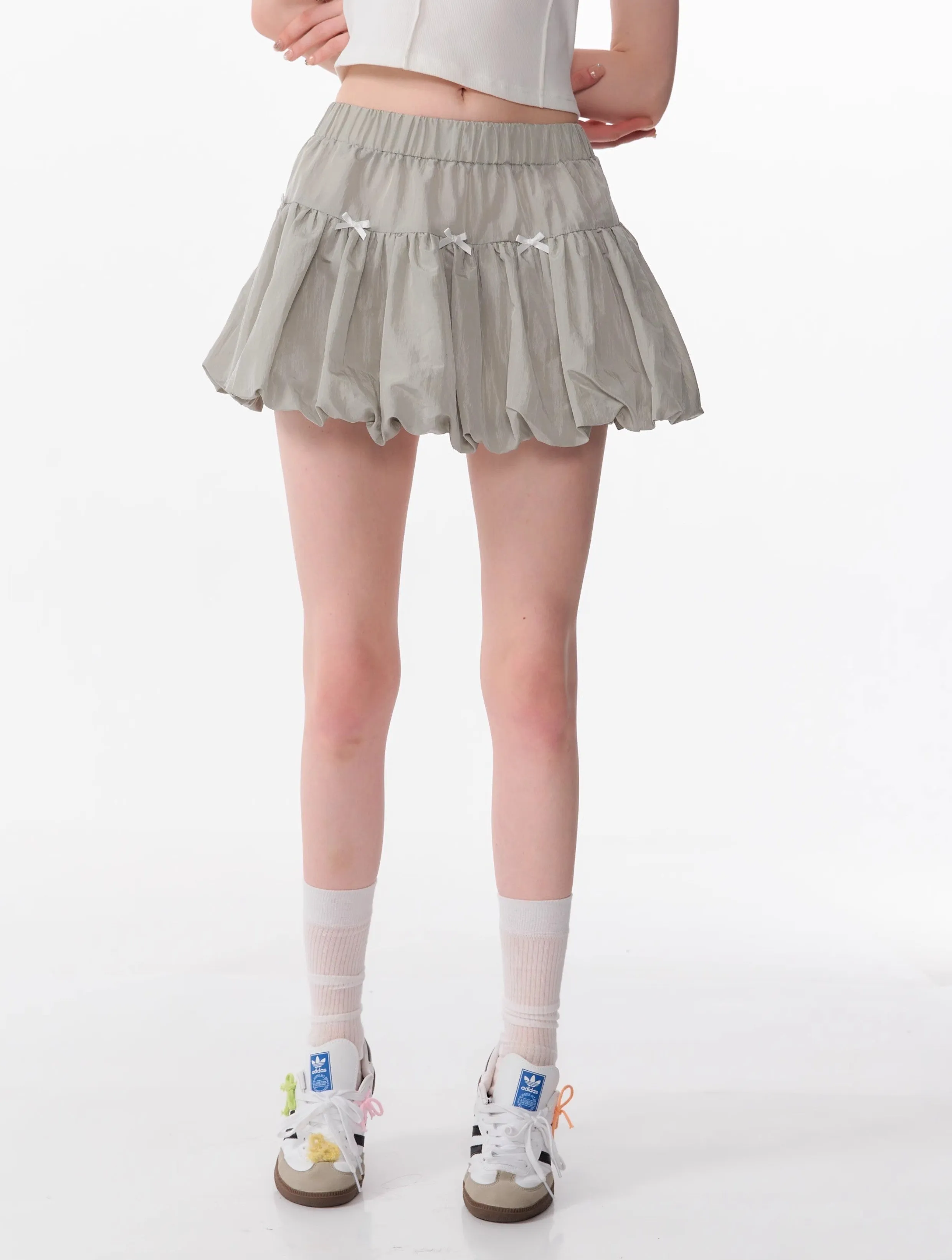 Bow Elastic Waist Gray A-line Half-length Skirt ZIZ0090