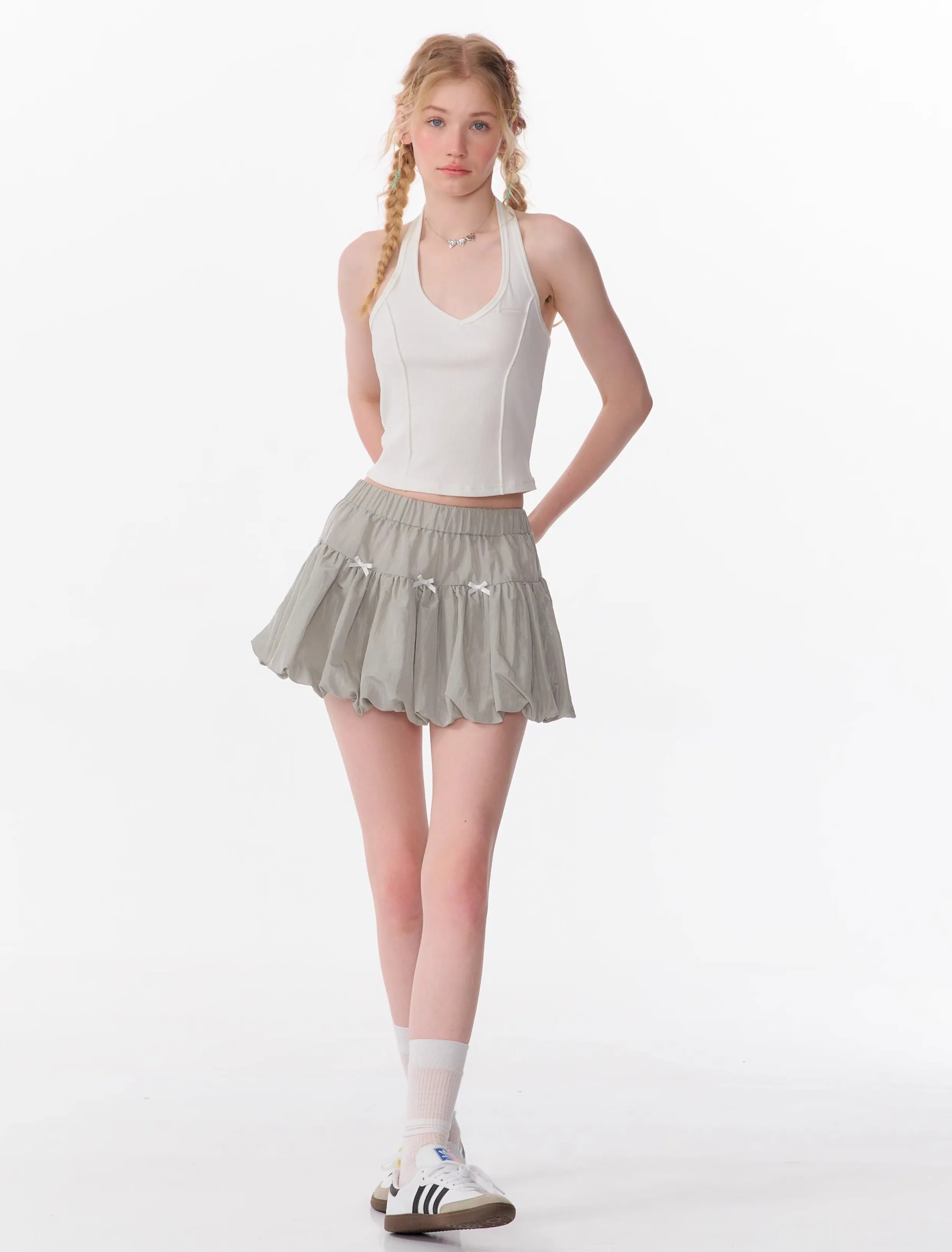 Bow Elastic Waist Gray A-line Half-length Skirt ZIZ0090