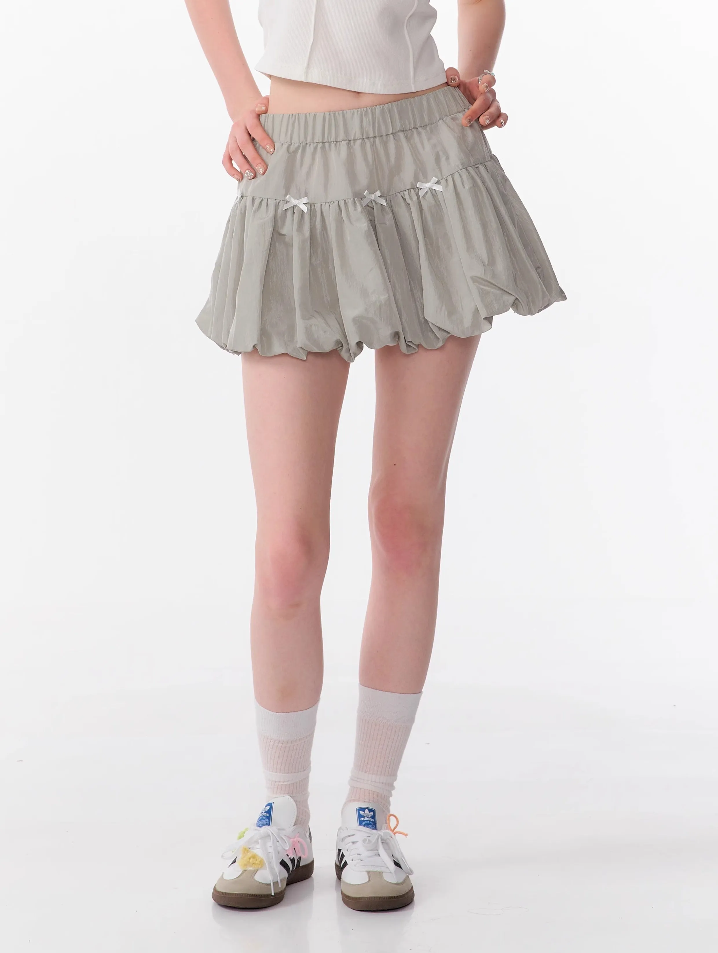 Bow Elastic Waist Gray A-line Half-length Skirt ZIZ0090