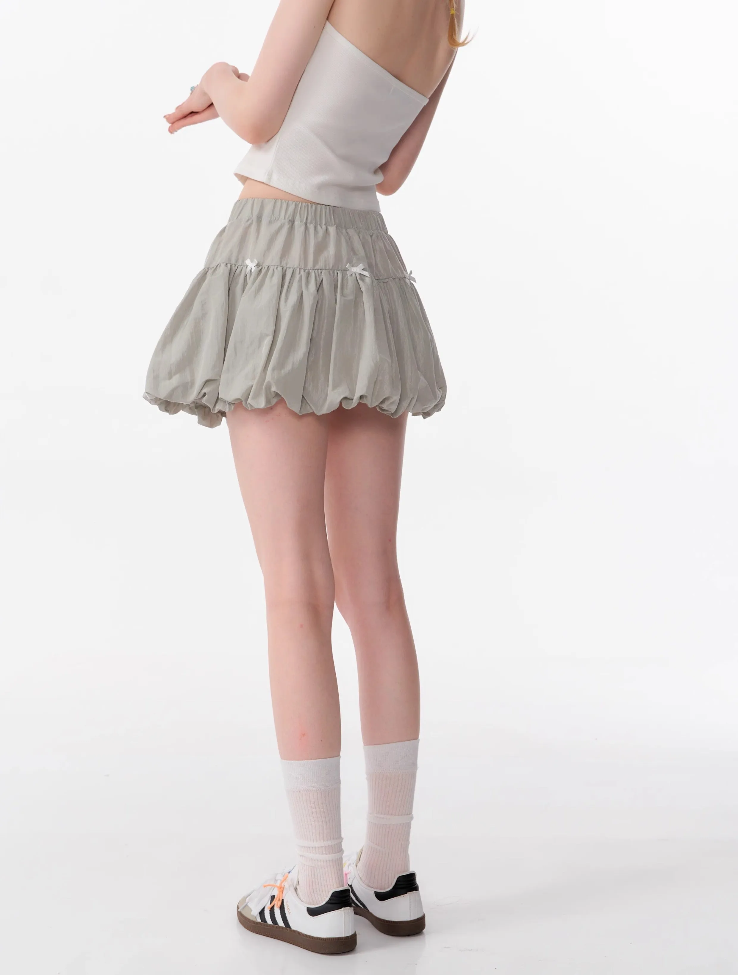 Bow Elastic Waist Gray A-line Half-length Skirt ZIZ0090