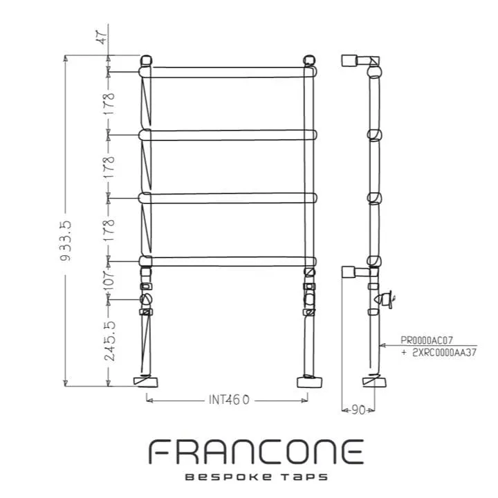 BTR20 Four-bar floor mounted plumbed in traditional heated towel rail