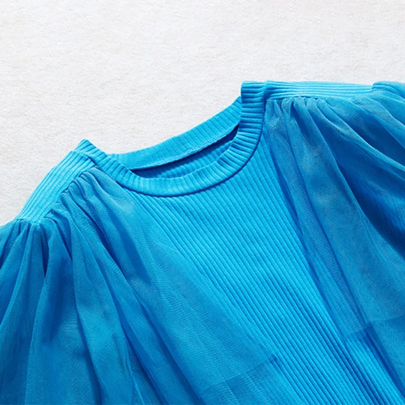 Casual Slim Patchwork Mesh T Shirt Female Round Neck Long Sleeve Gathered Waist Fashion T Shirts For Women Style