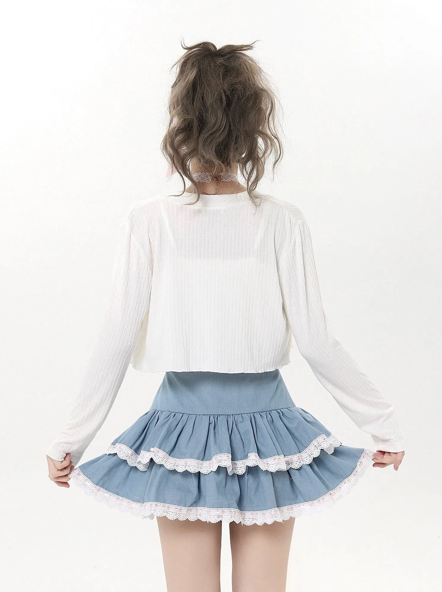 Denim Pink Lace High Waist Short Skirt