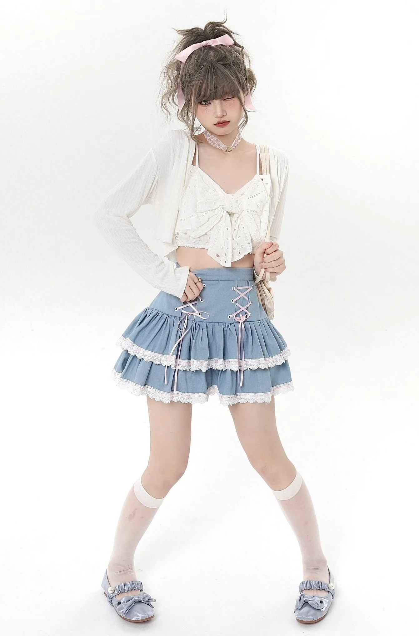 Denim Pink Lace High Waist Short Skirt