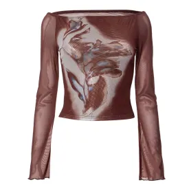 Floral Print Mesh Spliced Long Sleeve Crop Top T Shirts Women Y2k 2000s Vintage Clothes Graphic Tees P85-AI11