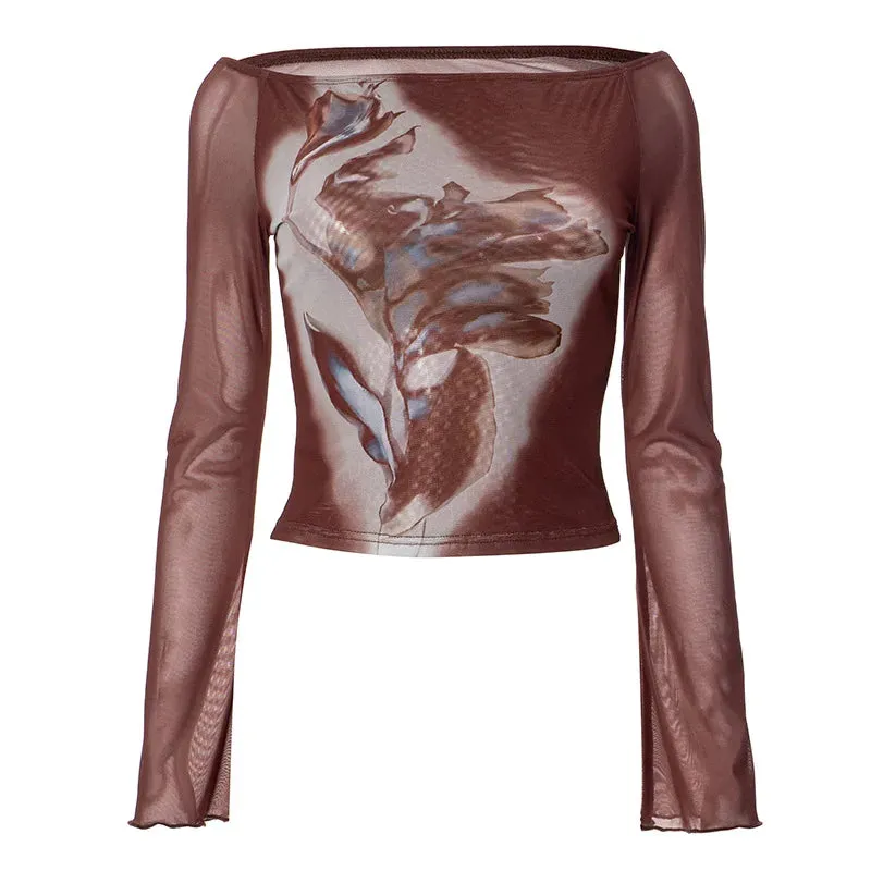 Floral Print Mesh Spliced Long Sleeve Crop Top T Shirts Women Y2k 2000s Vintage Clothes Graphic Tees P85-AI11