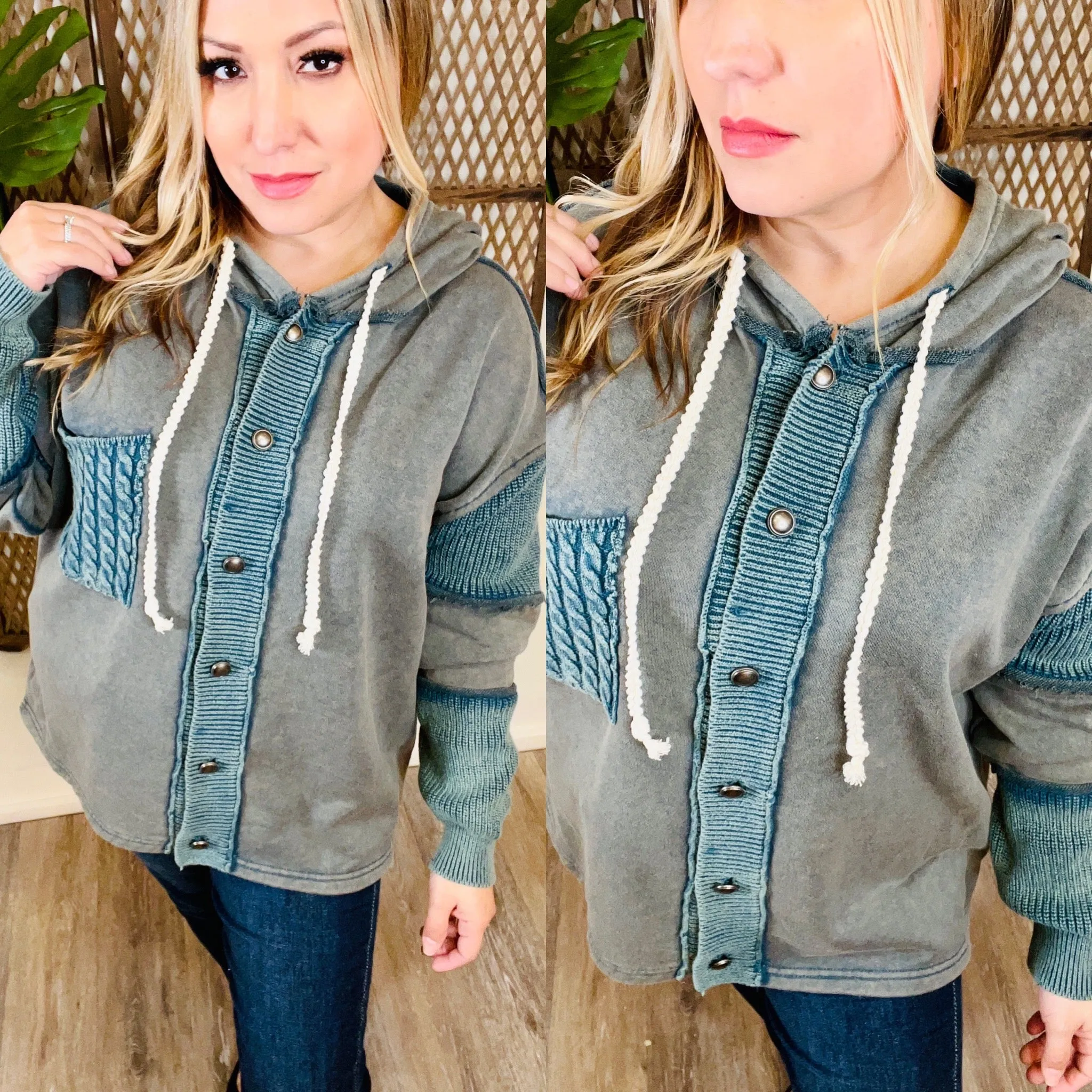 Forest Moss Button Hooded Top