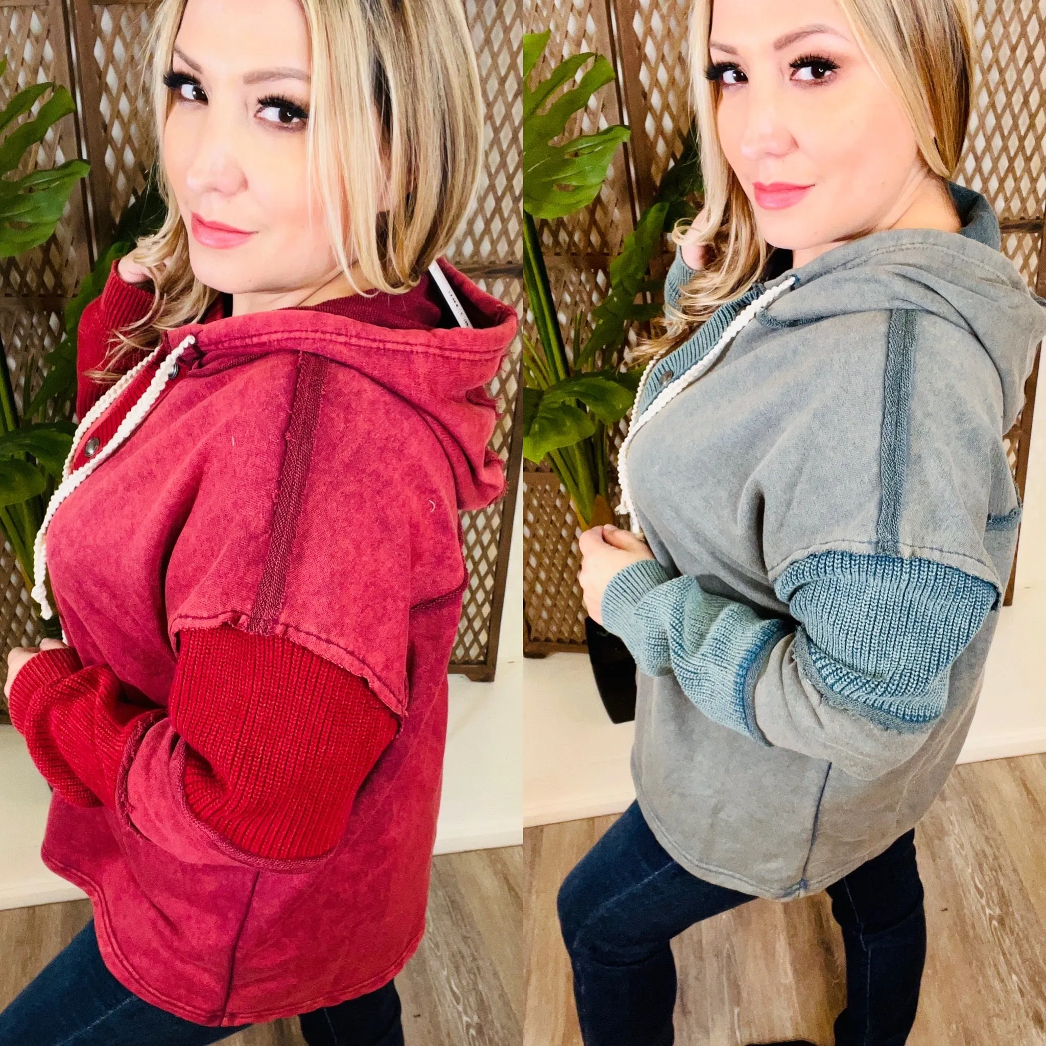 Forest Moss Button Hooded Top