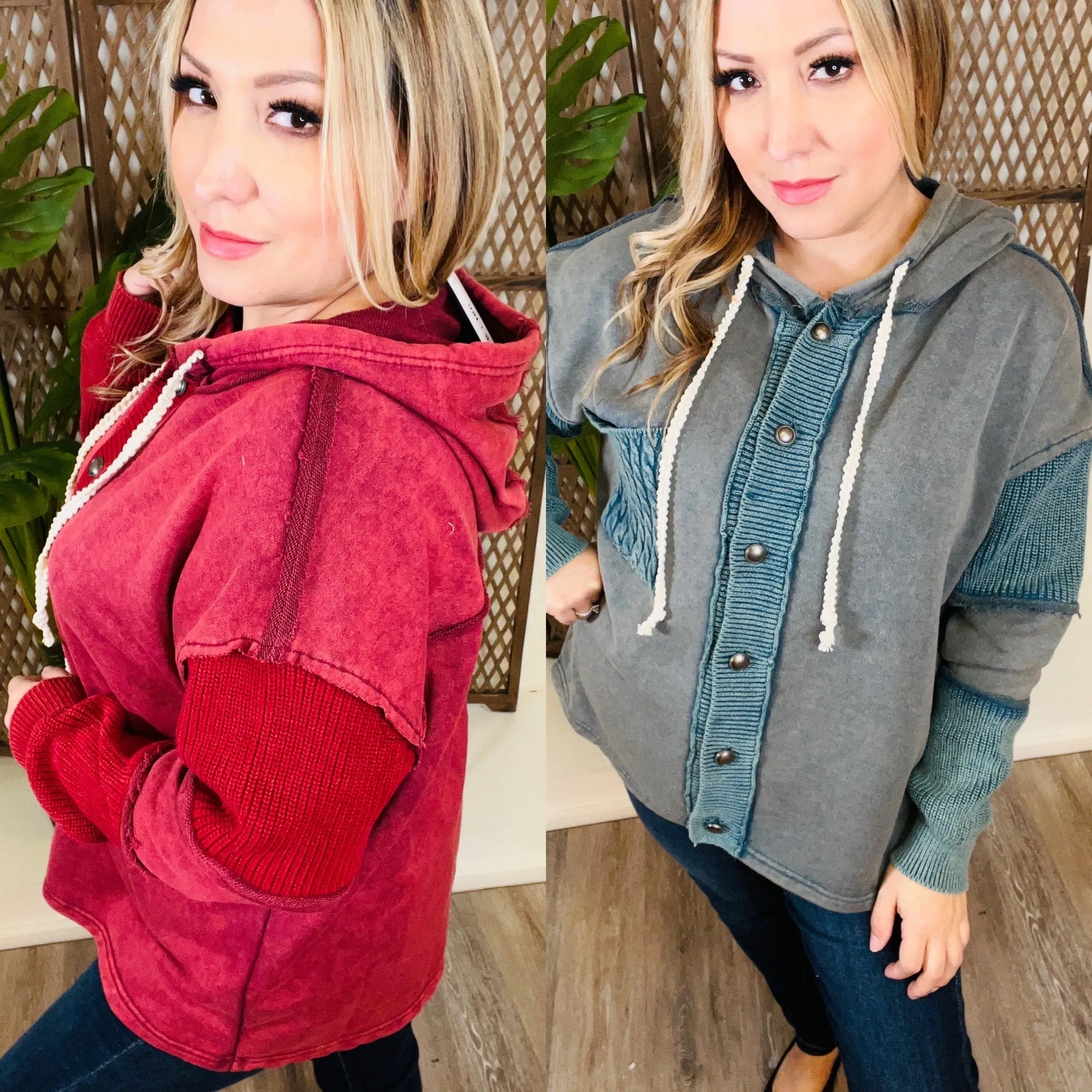Forest Moss Button Hooded Top