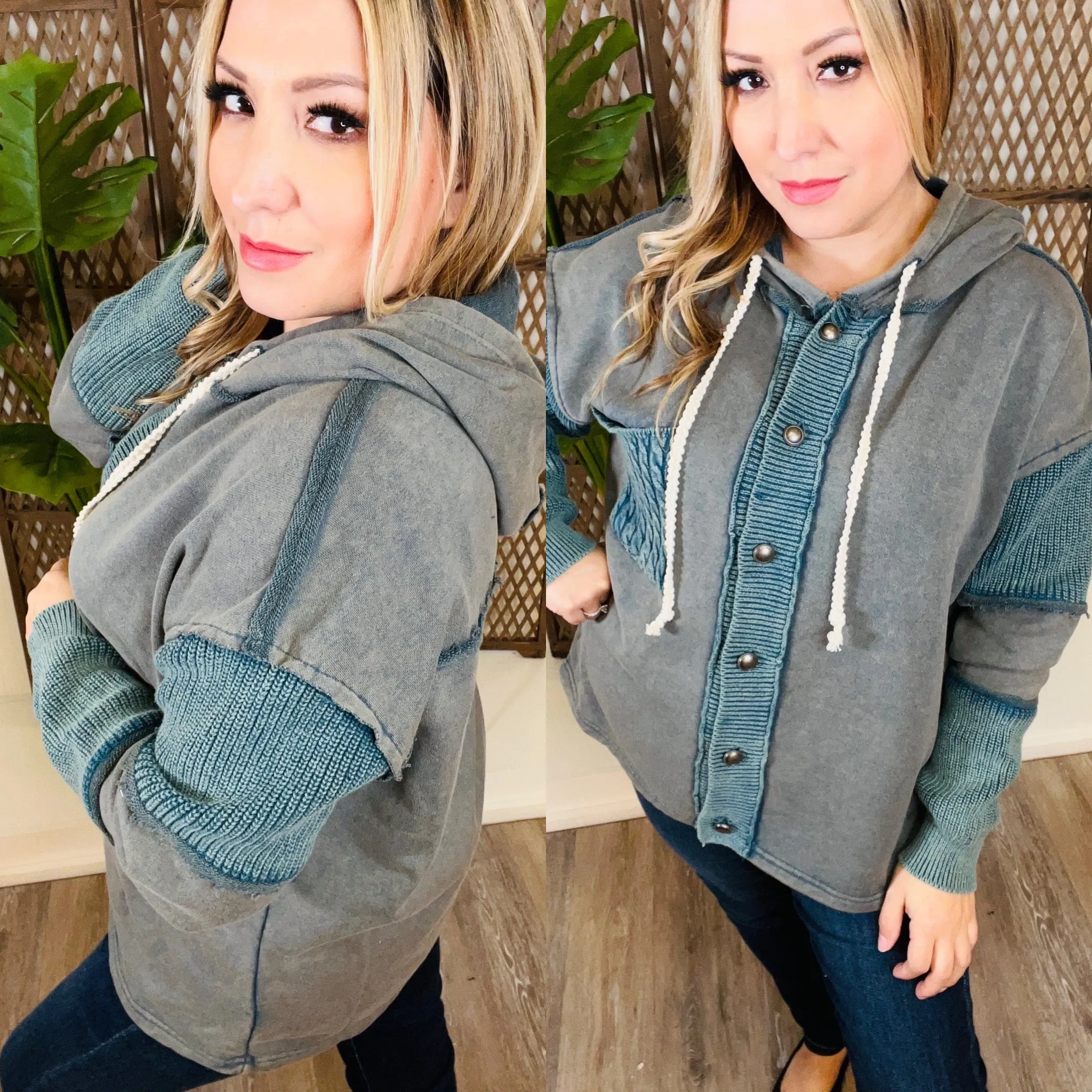 Forest Moss Button Hooded Top