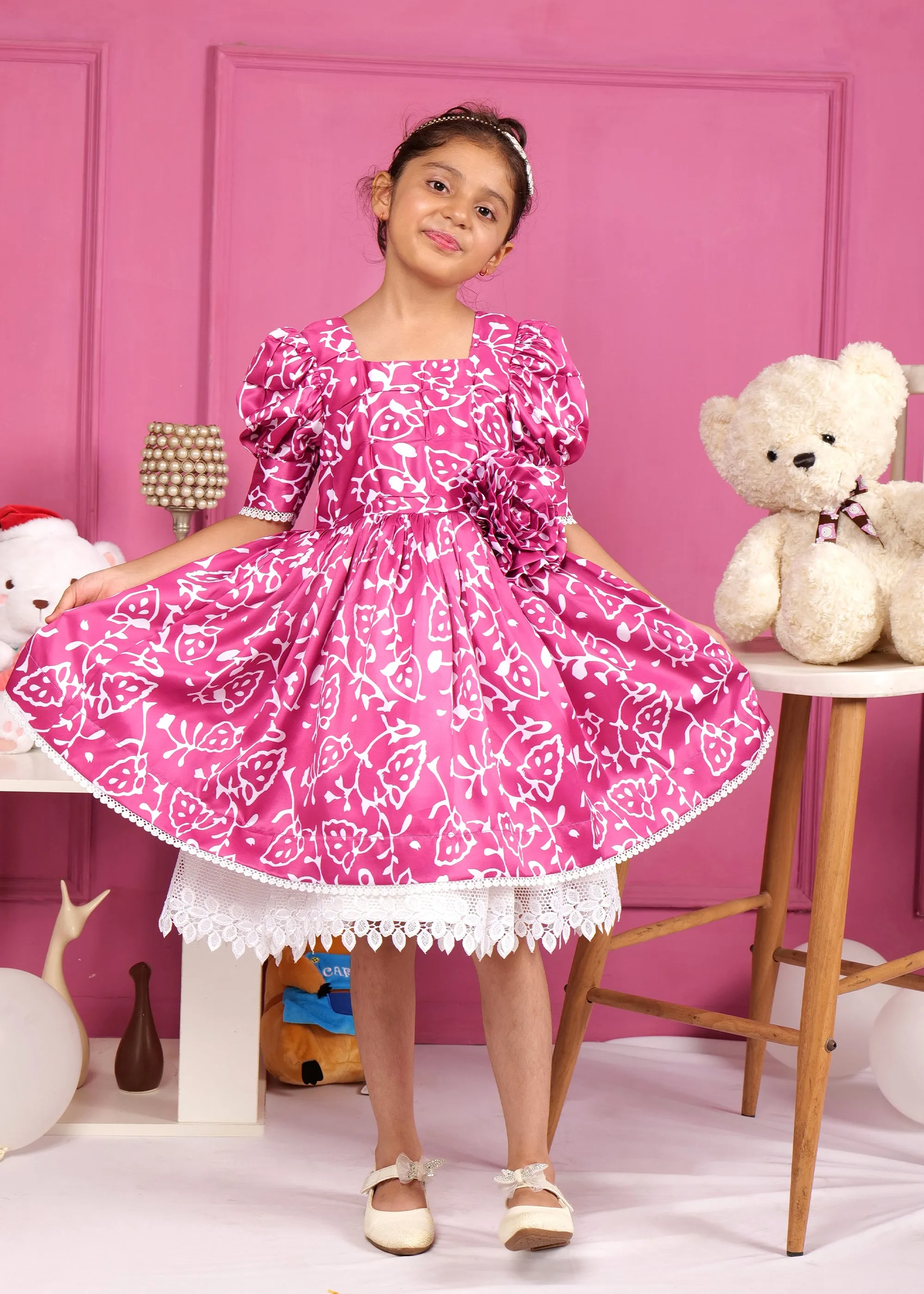 Fuchsia Floral Lace Hem Dress