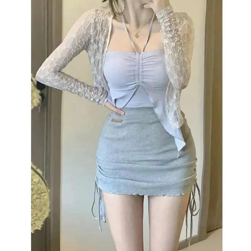 Girlary 2024 Summer Korean Fashion 3 Piece Set Woman Solid Lace Cardigan   Sexy Vest   Slim Y2k Mini Skirt Woman Outwear Casual Suit