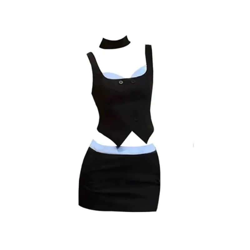 Girlary 2024 Summer Sexy Backless 2 Piece Skirt Set Woman Bow Sleeveless Vest   Slim Fashion Mini Skirt Outfits Korean Style Set Design