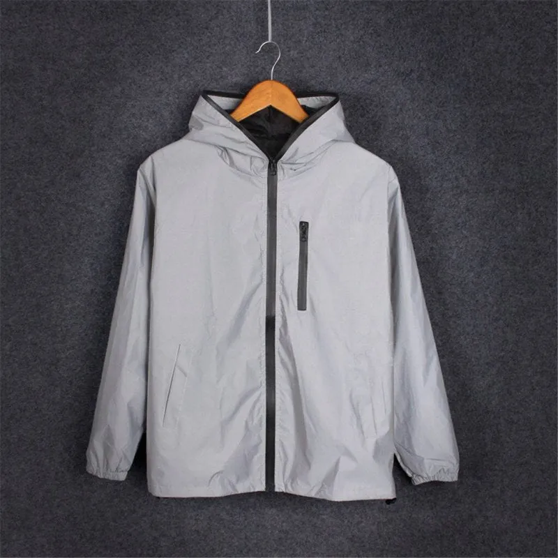 Mens Reflective Waterproof Hooded Jacket for Running and Sports - Lightweight Noctilucent Hip Hop Style Coat