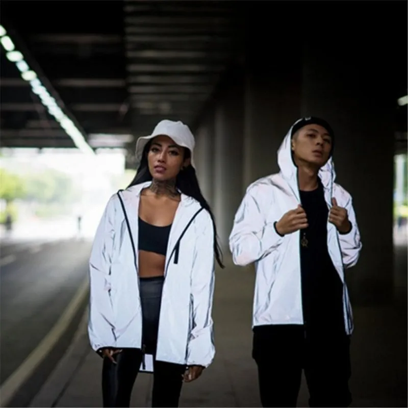 Mens Reflective Waterproof Hooded Jacket for Running and Sports - Lightweight Noctilucent Hip Hop Style Coat