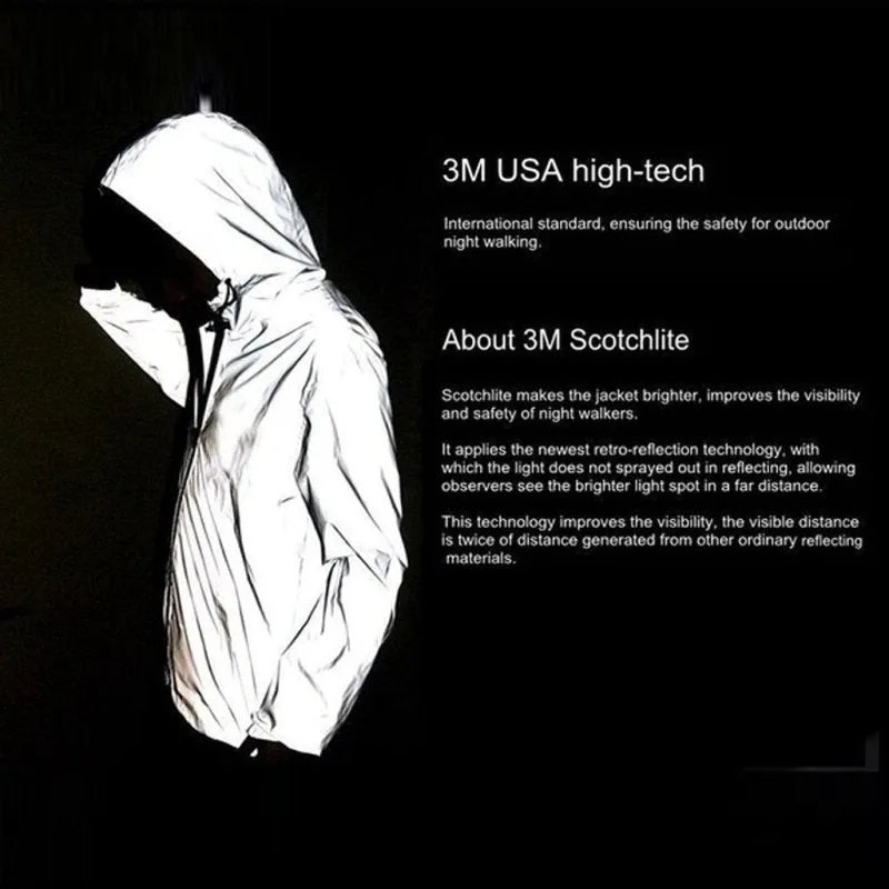 Mens Reflective Waterproof Hooded Jacket for Running and Sports - Lightweight Noctilucent Hip Hop Style Coat