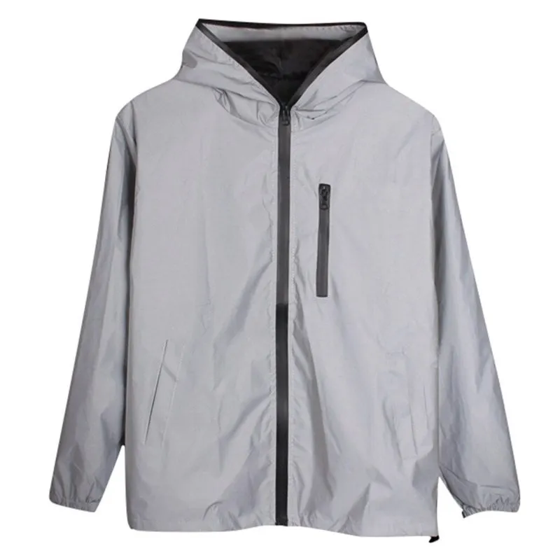Mens Reflective Waterproof Hooded Jacket for Running and Sports - Lightweight Noctilucent Hip Hop Style Coat