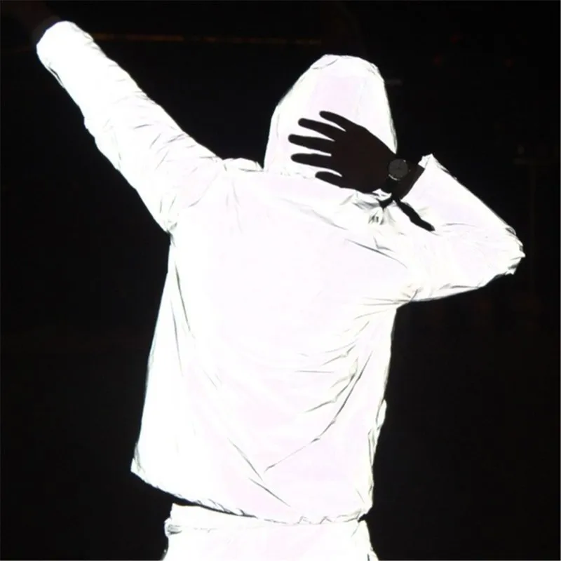 Mens Reflective Waterproof Hooded Jacket for Running and Sports - Lightweight Noctilucent Hip Hop Style Coat