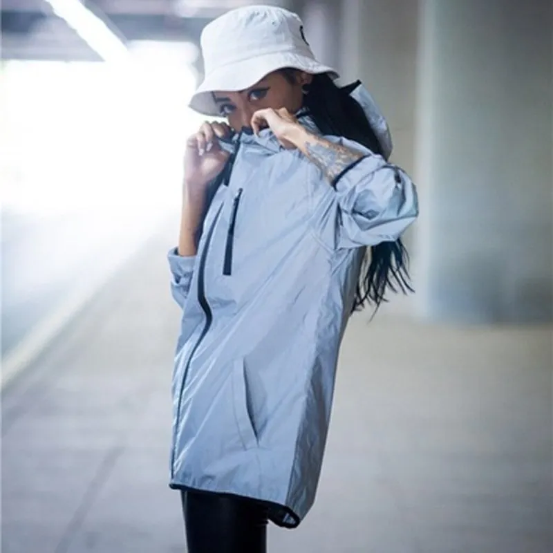 Mens Reflective Waterproof Hooded Jacket for Running and Sports - Lightweight Noctilucent Hip Hop Style Coat