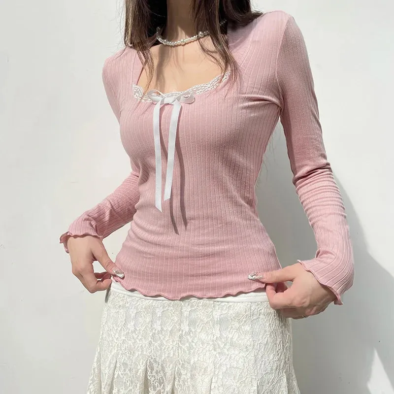 Korean Pink Sweet Knit Women's Tee Shirt Slim Coquette Clothes Lace Patched Bow Top Casual Autumn T shirts Frill