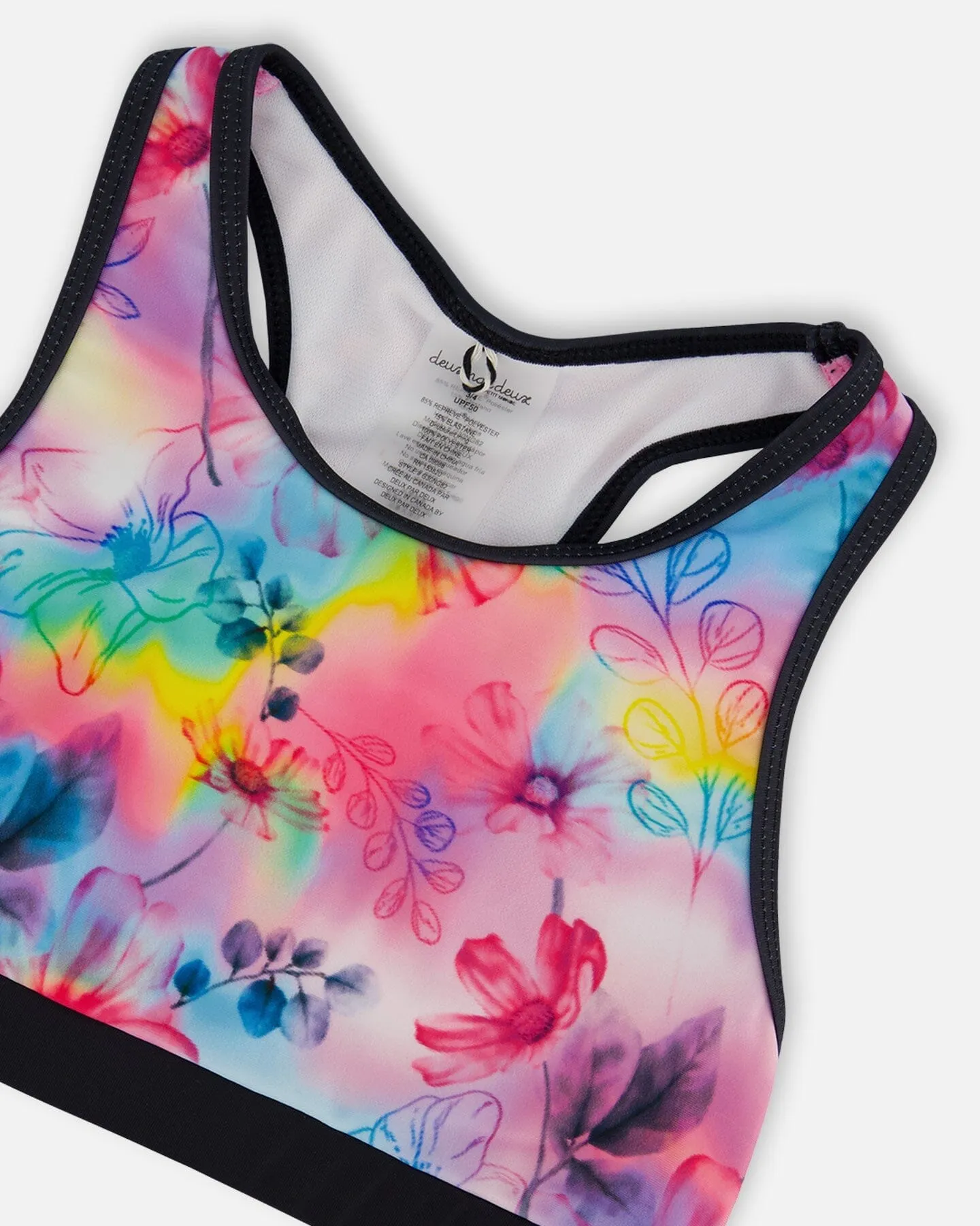 Printed Two-Piece Racerback Swimsuit Butterflies On Multicolored And Black Background