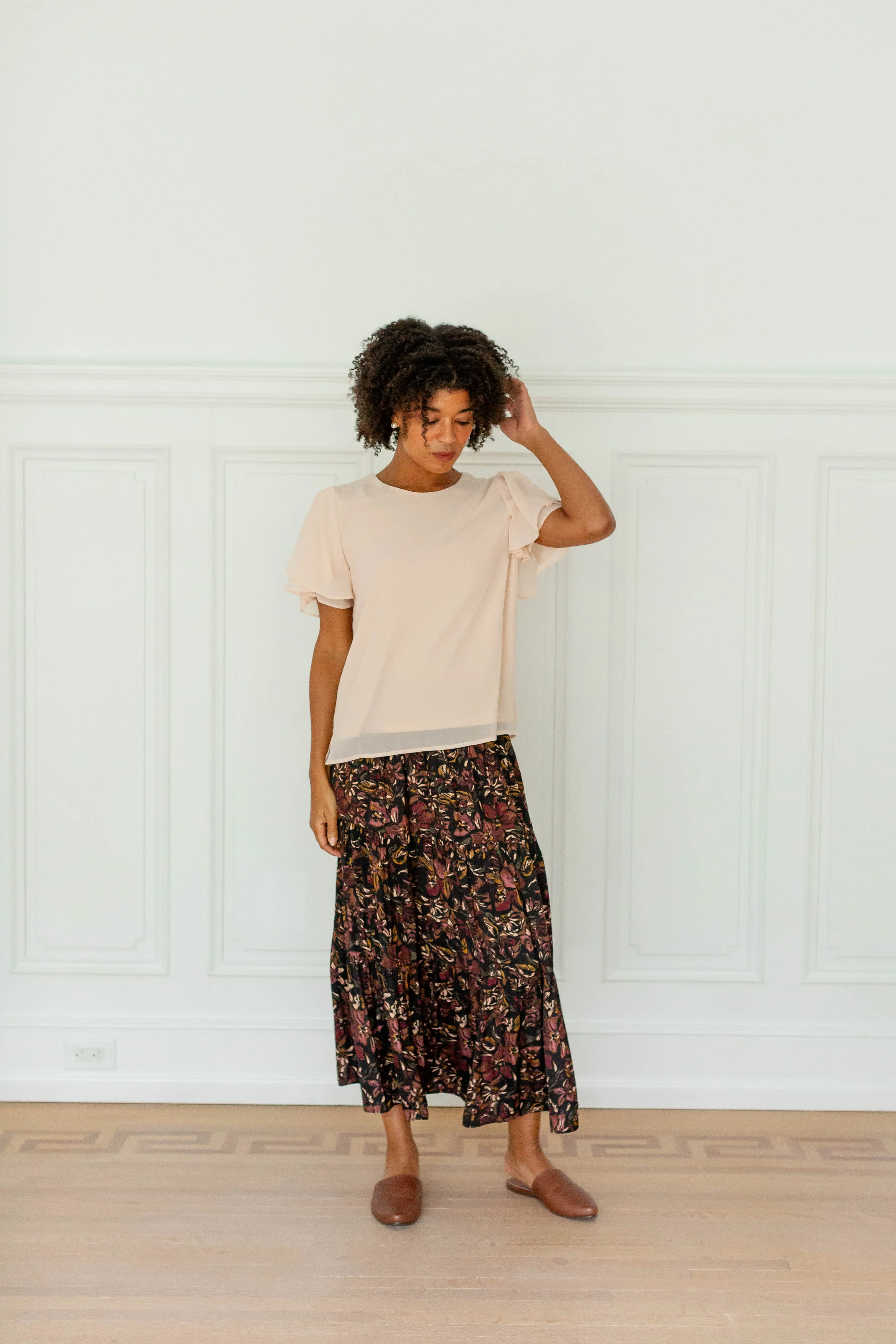 'Sylvia' Muted Satin Multi Floral Midi Skirt in Black
