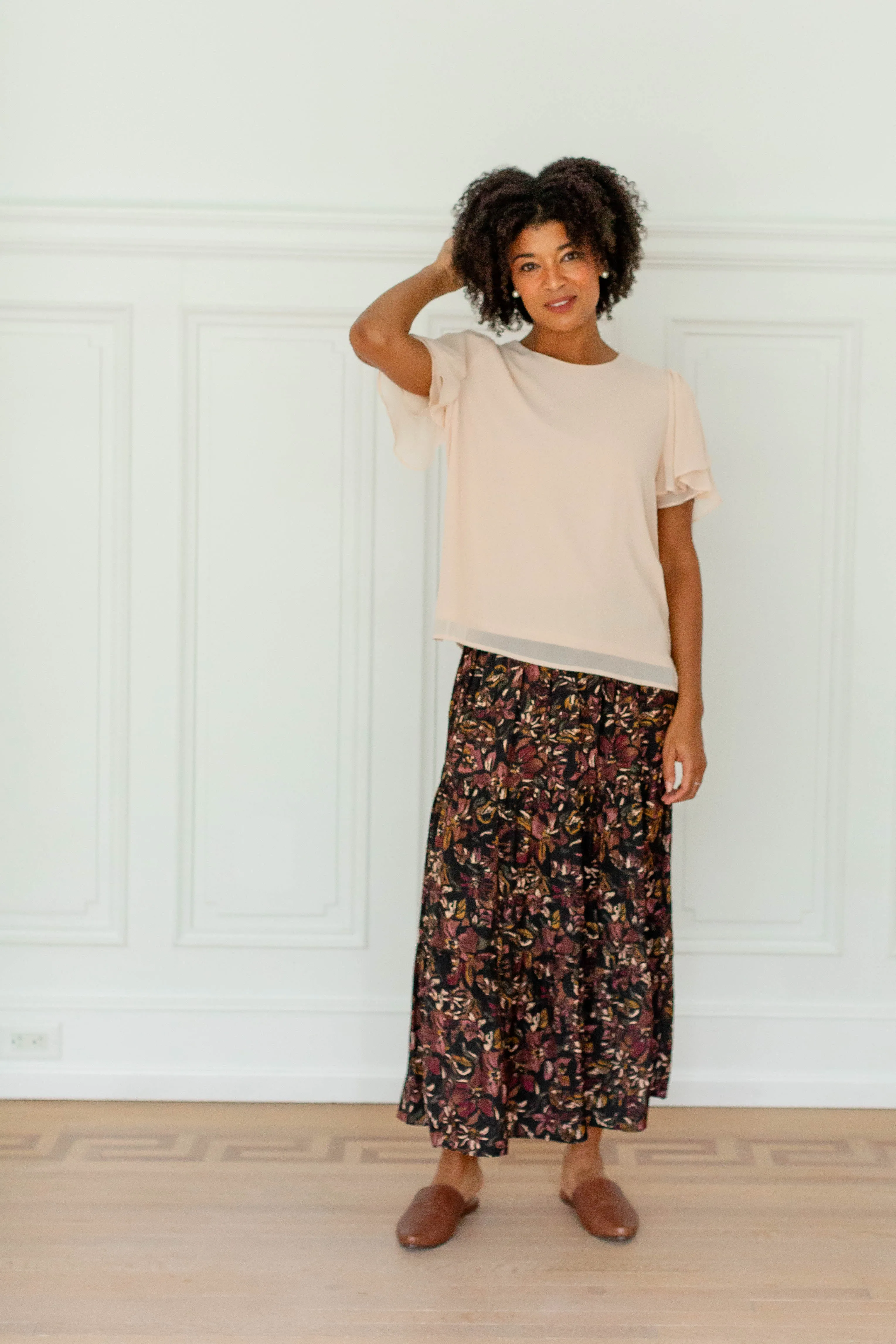 'Sylvia' Muted Satin Multi Floral Midi Skirt in Black