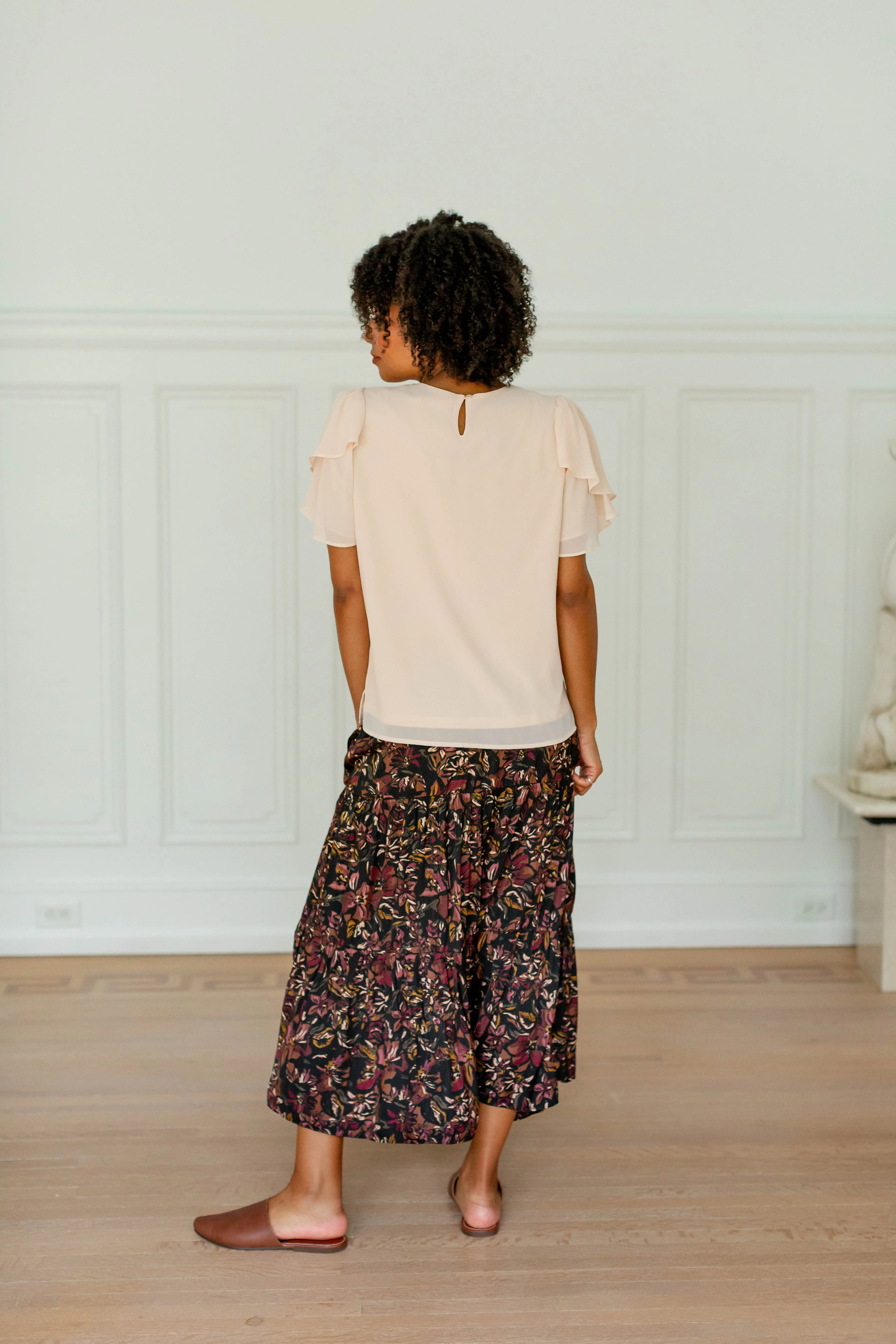'Sylvia' Muted Satin Multi Floral Midi Skirt in Black