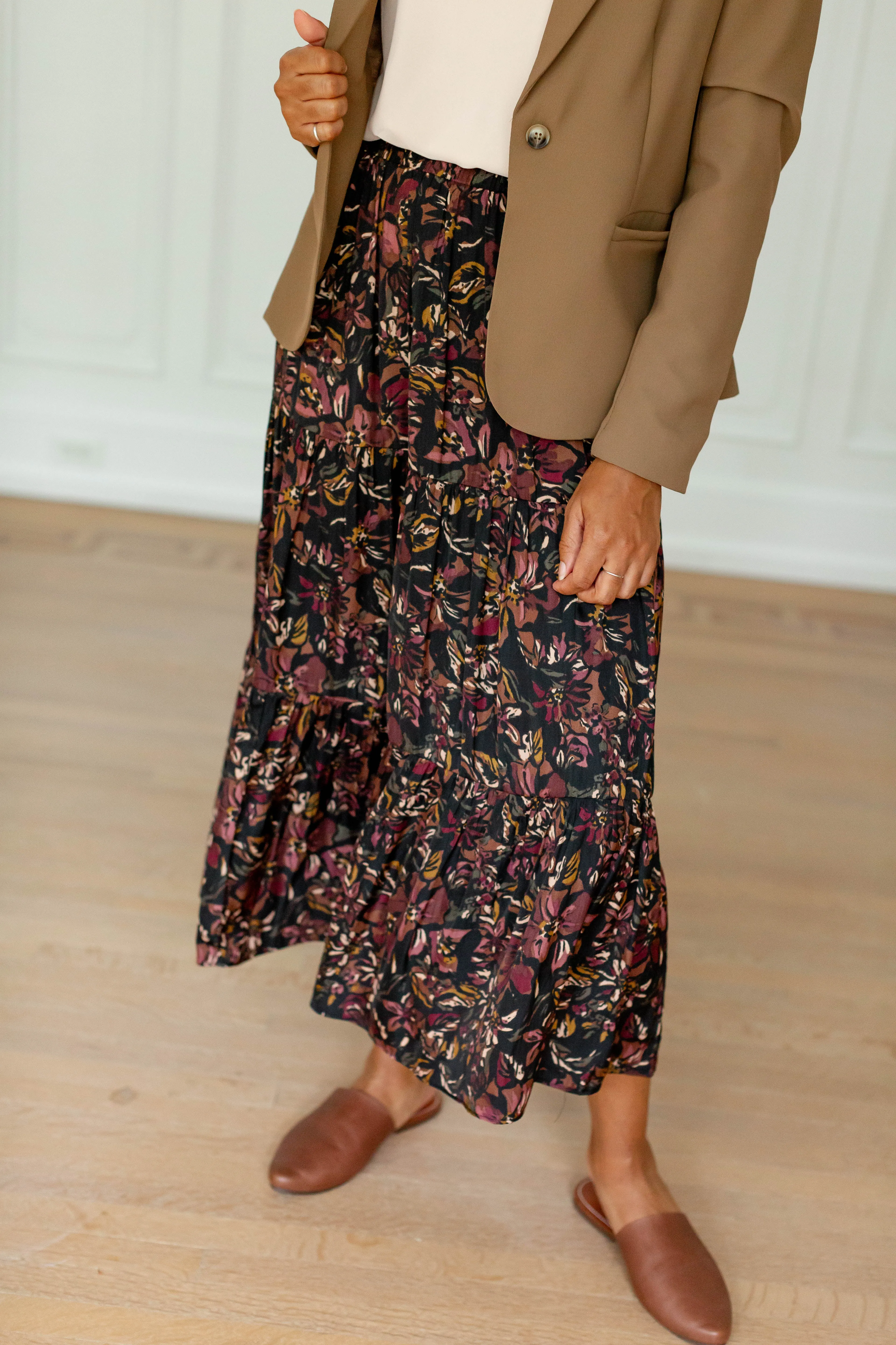 'Sylvia' Muted Satin Multi Floral Midi Skirt in Black