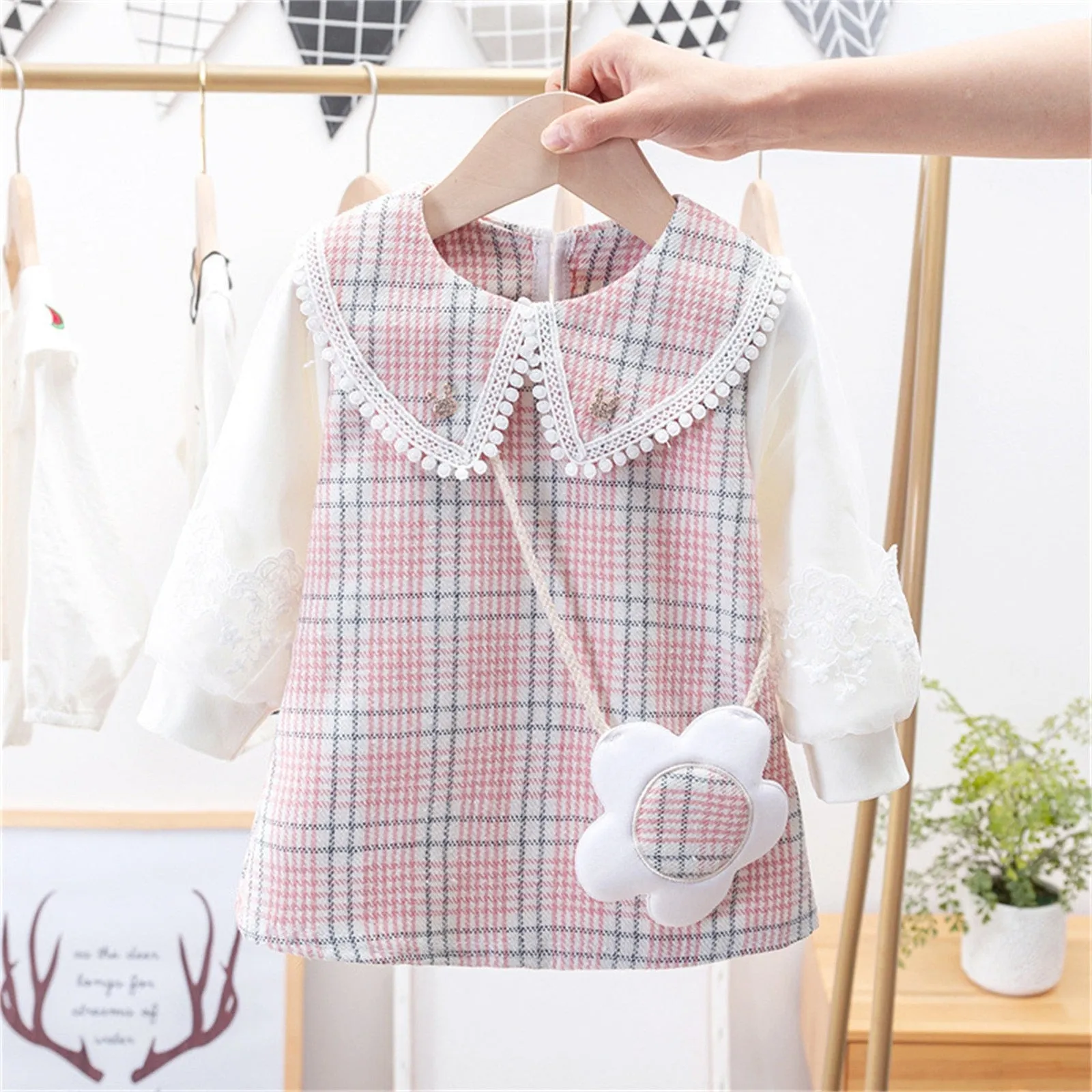 Toddler Kids Dress Baby Girls Winter Long Sleeve Soild Patchwork 3D Cute Bear Casual Princess Dress - BTGD8496