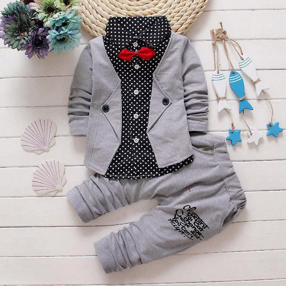 Toddler Summer 2019 Kid Boys Clothes Formal Dot Bowtie Long Sleeve Shirt Pants Boys Outfits Causal Kids Clothing For Boys Sets