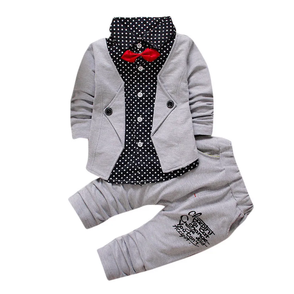 Toddler Summer 2019 Kid Boys Clothes Formal Dot Bowtie Long Sleeve Shirt Pants Boys Outfits Causal Kids Clothing For Boys Sets