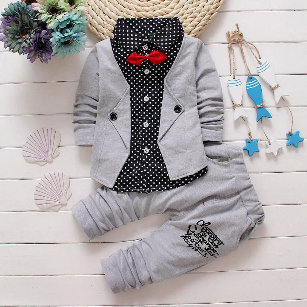 Toddler Summer 2019 Kid Boys Clothes Formal Dot Bowtie Long Sleeve Shirt Pants Boys Outfits Causal Kids Clothing For Boys Sets
