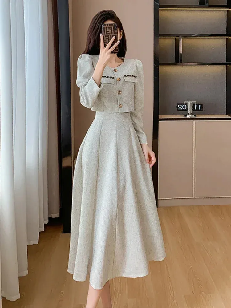 Toleet-New Elegant Small Fragrance Single Breasted Short Coat   High Waist Mid Length Skirt Ladies Suit Korean Two Piece Set Autumn