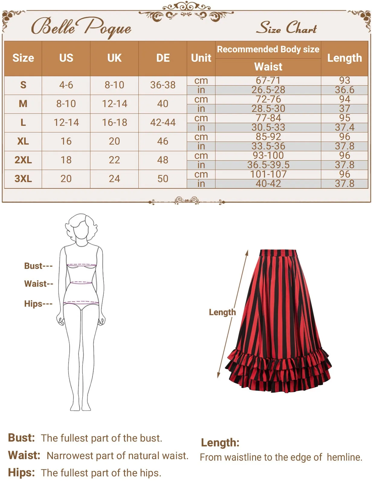 Vintage Retro Elastic Waist Length Adjustable Gothic Bustle Skirt