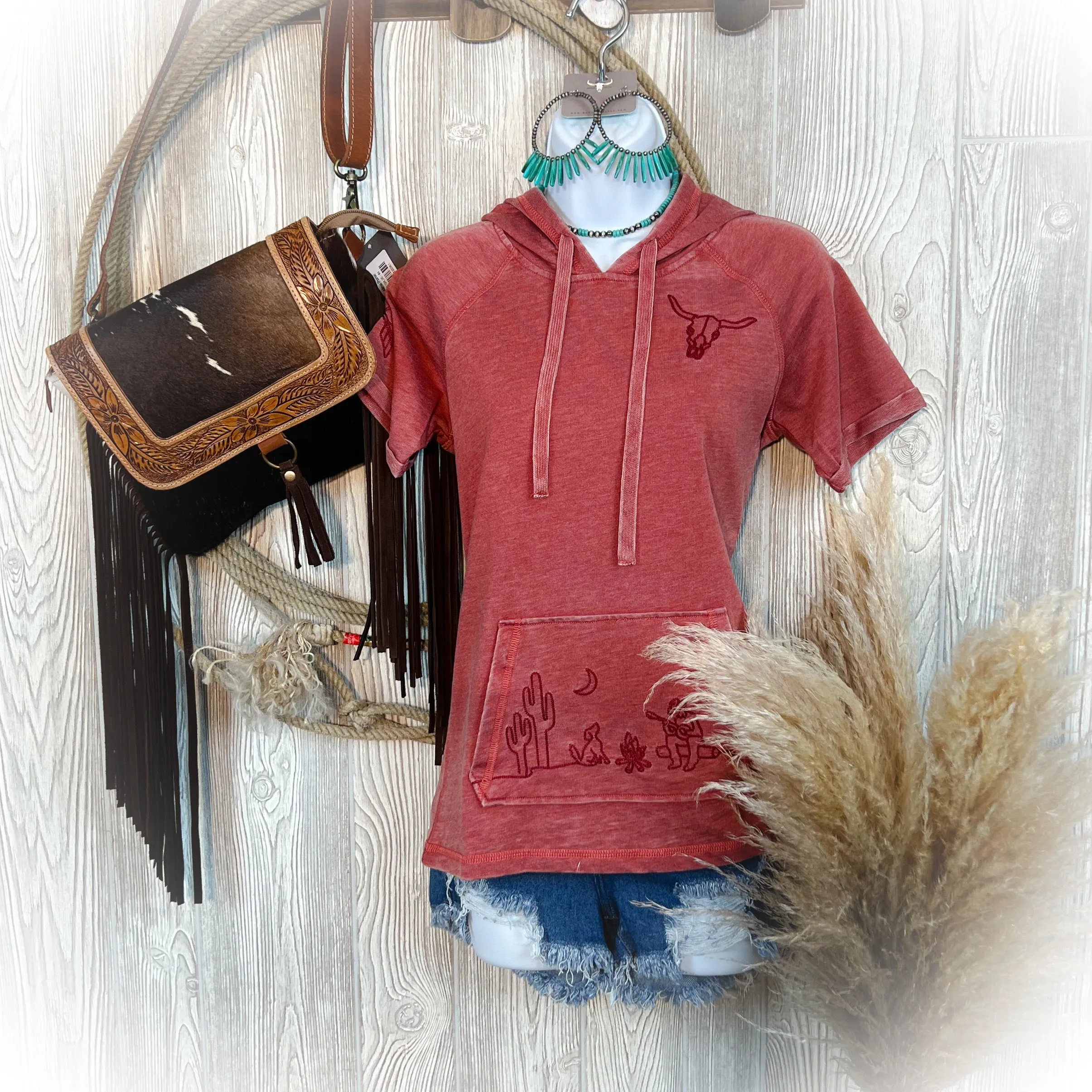 Western Embroidered Short Sleeve Hoodie