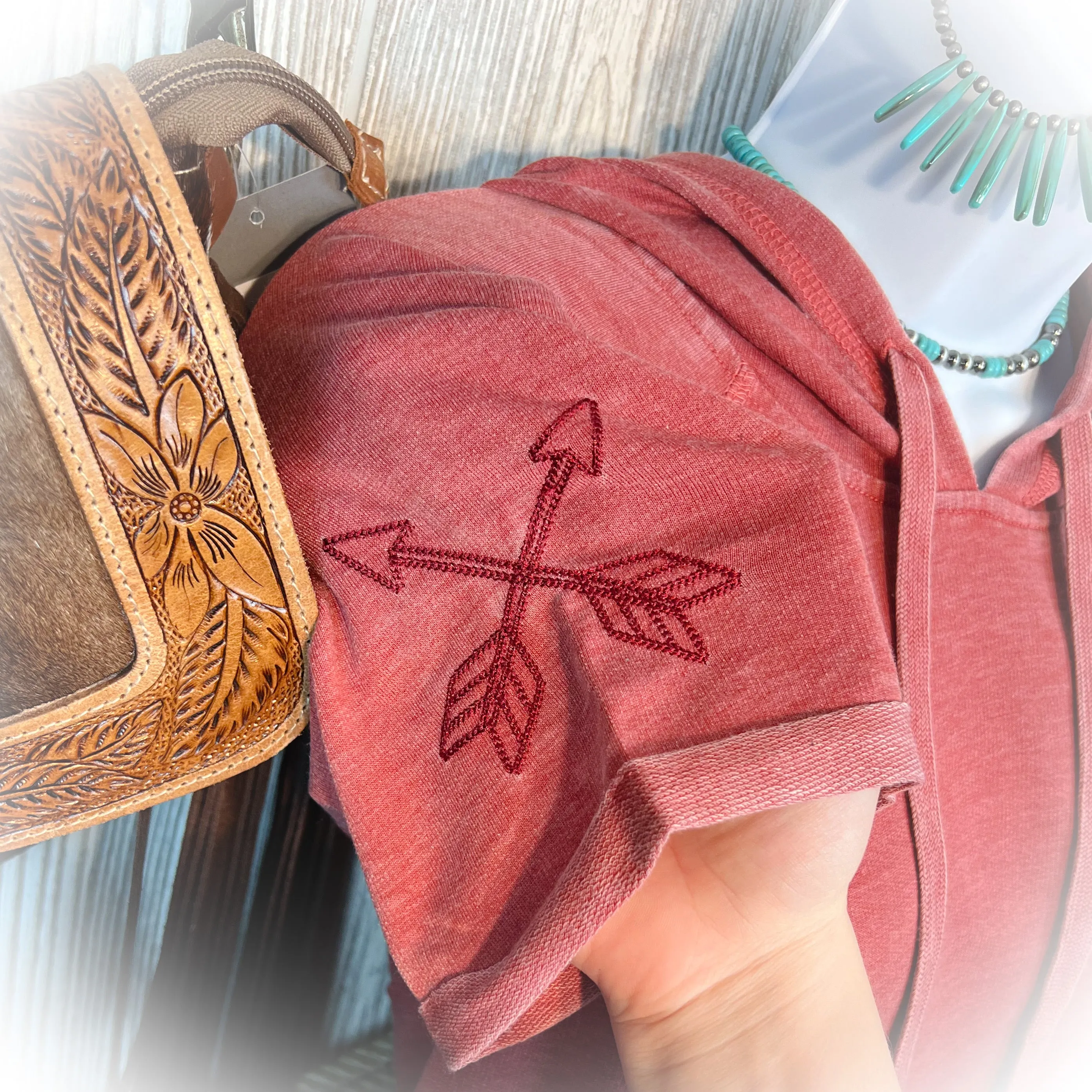 Western Embroidered Short Sleeve Hoodie